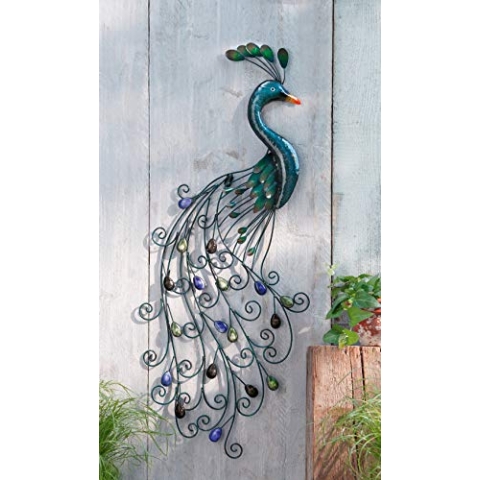 FRANK FLECHTWAREN , Wandhänger Pfau in romantischem Antik-Look mit originellen Farbsteinen glänzend la-ckiertes Metall, aufwändig gearbeitet, Hängevorrichtung