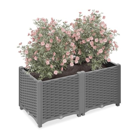 Relaxdays Pflanzkübel, Rattan-Optik, HBT: 38x80x40 cm, Garten, Balkon & Terrasse, Blumenkübel mit Wasserspeicher, grau