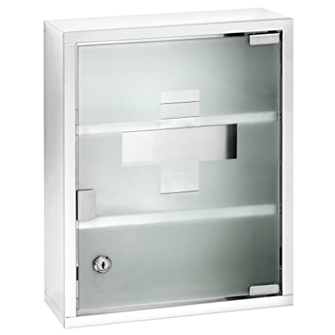 Medikamentenschrank Edelstahl, Arzneischrank zur sicheren Aufbewahrung von Medikamenten, aus hochwertigem, glänzendem Edelstahl und satiniertem Sicherheitsglas mit Dekor, 30 x 12 x 40 cm