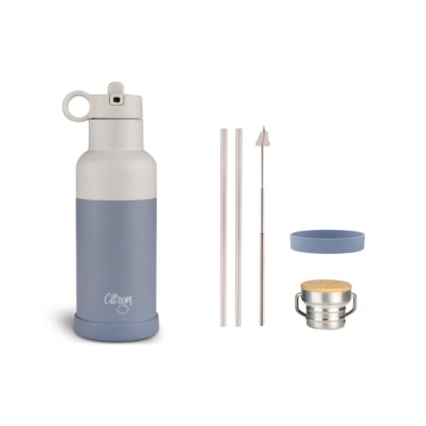 Citron Isolierte Wasserflasche aus Edelstahl, blau – 500 ml, BPA- und bleifrei, auslaufsicherer Strohhalm/Flaschendeckel – hält Flüssigkeiten 24 Stunden kalt und 12 Stunden heiß – 479.4 g