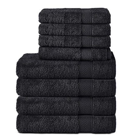 Komfortec 8er Handtuch Set aus 100% Baumwolle, 4 Badetücher 70x140 und 4 Handtücher 50x100 cm, Frottee, Weich, Towel, Groß, Schwarz