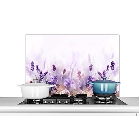 KitchenYeah© Spritzschutz Küchenrückwand Platte Kuchendeko Aluminium Platte Kitchen Wall Protector Rückwand KücheLavendel - Blumen - Lila - Natur - 80x55 cm