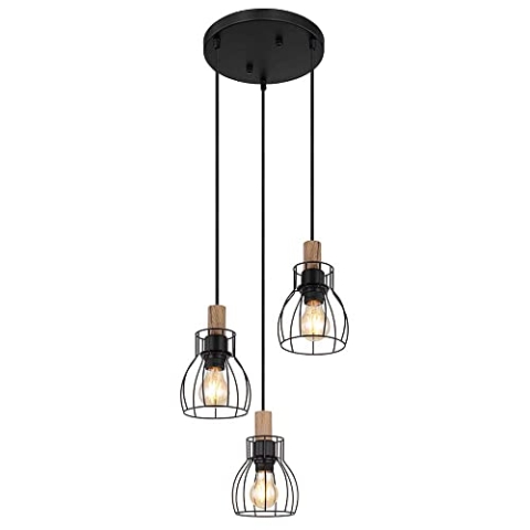 GLOBO Vintage Pendelleuchte Esstischlampe Holz Retro Hängeleuchte Käfigschirme, Metall braun schwarz, Fassungen 3x E27, DxH 35,5x120 cm
