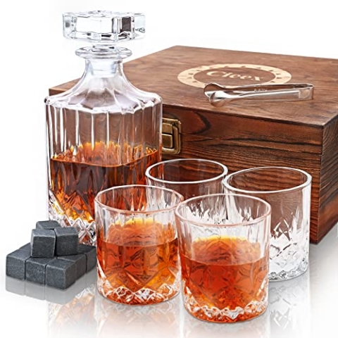 Cieex Whiskey Karaffe Set , 750ml Dekanter mit 4 x 220ml Whiskeygläser 12 Steine Schöne, Geschenk Box Vatertagsgeschenk für Männer Transparent