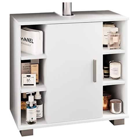 VCM Holz Waschbeckenunterschrank | Badschrank | Maße: H. 58 x B. 60 x T. 30 cm | 1 Drehtür | 2 Fächer | 6 kleine offene Regalfächer - Zalo M Weiß