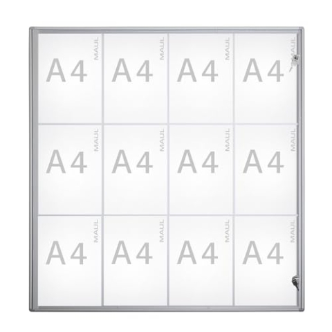 Maul Schaukasten A4 MAULextraslim | Schaukasten Vitrine mit 12x DIN A4 Seiten | Infotafel mit Aluminiumrahmen und Glastür | Platzsparende Flache Bauweise | Abschließbar mit Schloss | Aluminium