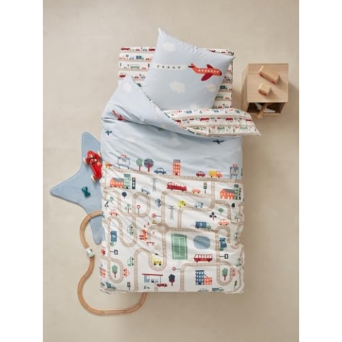 Vertbaudet Bettwäsche-Set für Kinder City beige Bedruckt 140X200 - Kissen 63X63
