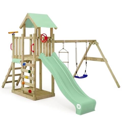 Wickey Spielturm Klettergerüst MultiFlyer Light, Schaukel & pastellgrüner Rutsche, Outdoor Kinder Kletterturm mit Sandkasten, Leiter & Spiel-Zubehör für den Garten