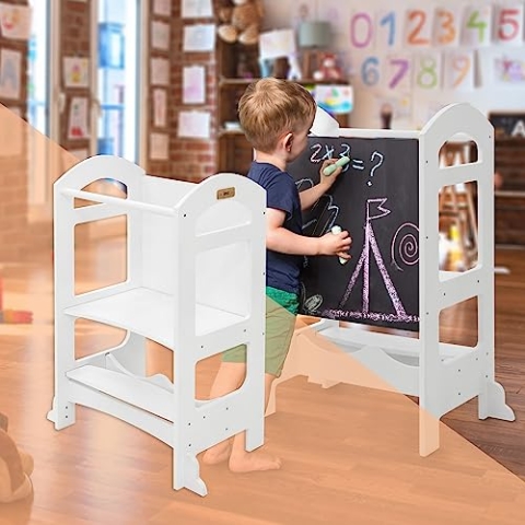 Joyz Lernturm für Kinder ab 1 Jahr 2in1, Montessori Lernturm mit Tafel, Weiß/Holz, Tritthocker Verwandelbar in Kindertisch und -Stuhl, Lernstuhl Hochstuhl Schemel Küchenhelfer Lerntower Learning Tower