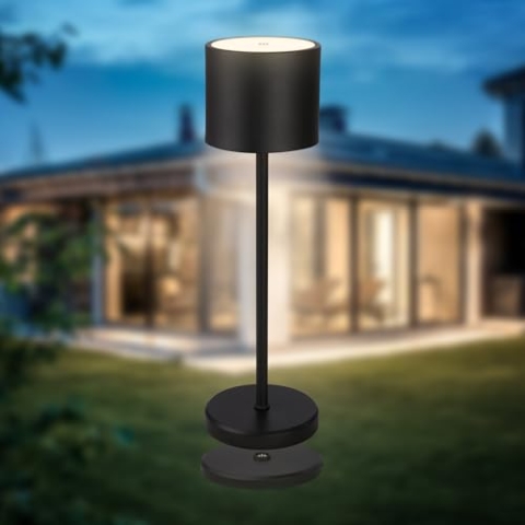 B.K.Licht - LED Tischlampe kabellos IP44 mit Ladestation, dimmbar in Stufen, Akku & Lichtquelle tauschbar, Nachttischlampe, Dekolampe, LED Lampe, Akku Tischleuchte, Wohnzimmer, 39,5x12,5 cm, Schwarz