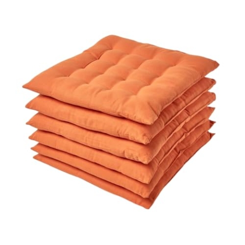 Homescapes 6er Set Stuhlkissen 40 x 40 cm, Terracotta-orange, Sitzkissen mit Bändern und Knopfverschluss, einfarbige Auflagen für Stühle mit Bezug aus 100% Baumwolle und weicher Polyester-Füllung