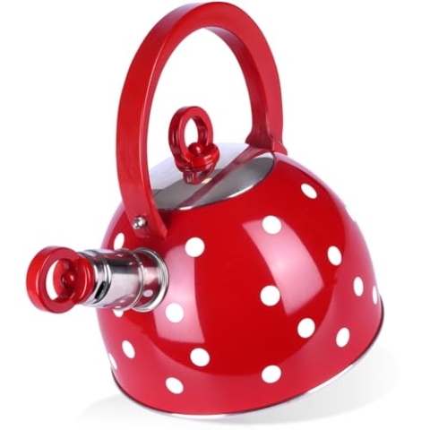 ORION GROUP Wasserkessel ROTE PUNKTE | 2 L | Wasserkocher Flötenkessel | Für Gas und Induktion