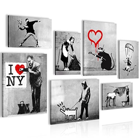 Novart Wandbilder Banksy Collage - KOMPLETT AUFHÄNGFERTIG - Street Art Wohnzimmer Büro- 7 Moderne Mood-Bilder - N003271b