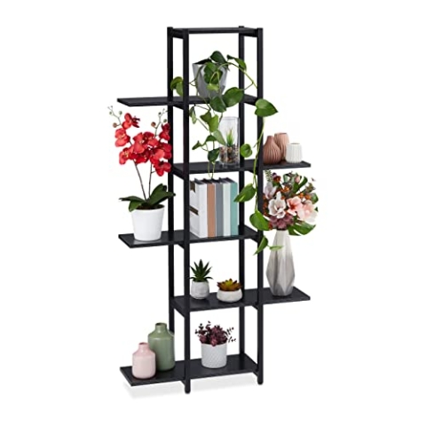 Relaxdays Pflanzenregal, Blumentreppe mit 6 Ablagen, HBT: 150 x 78 x 24 cm, Stahl & MDF, Blumenregal für innen, schwarz