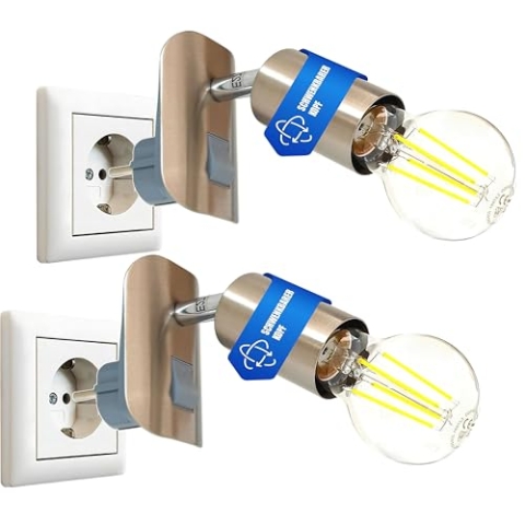 Trango 2er Pack 11-260 LED Steckerleuchte inkl. je 1x 8 Watt 3000K warmweiß E27 LED Leuchtmittel in Edelstahl-Optikt *ANNA* Leselampe, Küchenlampe, Nachtlicht, Wandlampe, Küchenlampe, Steckerlampe