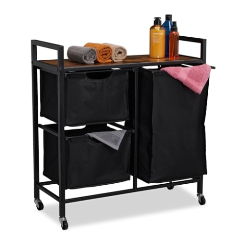 Relaxdays Wäschekorbregal, 3 ausziehbare Fächer, rollbare Wäscheablage, Wäschesammler, Industrial Design, schwarz/braun