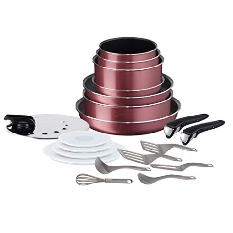 Tefal L22890AZ Batterie Cuisine p Ingenio Essential Set mit 20 Teilen, imprägniert, Rot, für alle Herdarten außer Induktion, Aluminium