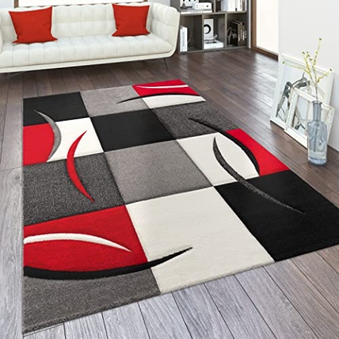 Paco Home Teppich Wohnzimmer Kurzflor Schlafzimmer Modern Geometrisches Muster Kariert Meliert, Grösse:160x230 cm, Farbe:Rot