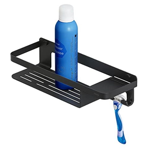 Tiger Caddy Duschkorb mit Haken, Duschablage aus Edelstahl mit integriertem Haken für Handtuch, Schwamm, Rasierer oder Duschabzieher, Farbe: Schwarz