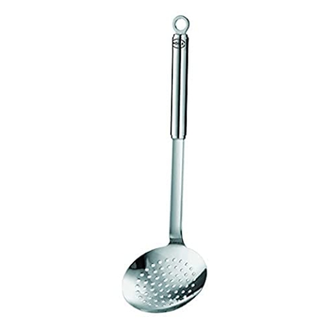 RÖSLE Schaumlöffel flach grob gelocht, Hochwertiger Abseihlöffel mit Rundgriff, Edelstahl 18/10, spülmaschinengeeignet, 37 x 12 x 8.2 cm, Silber