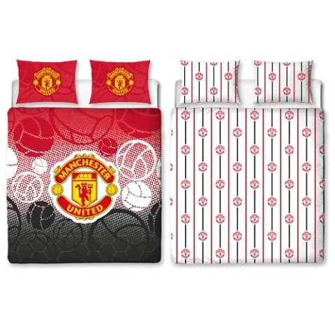 Manchester United FC Character World Offizielles Bettwäsche-Set für Doppelbett, Wappen-Design, wendbar, 2-seitig, Fußball-Bettwäsche, offizielles Lizenzprodukt, inklusive passenden Kissenbezügen