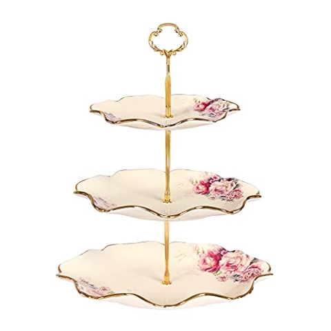 fanquare 3-Stufig Königlich Etagère mit Blumenmuster, Lotus Blume Förmige Obstkörbe mit Metallstreben zum Geburtstag, Hochzeit, Tee-Party, Baby dusche