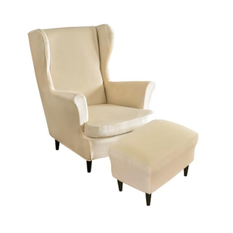 Highdi 2 Teilig Samt Ohrensessel Überzug Mit Ottomane Schonbezug, Sessel-Überwürfe Ohrensessel Schonbezüge Bezug Sesselhusse Stretch Tiger Stuhlbezug mit Armlehne Hohe Rückenlehne (Beige)