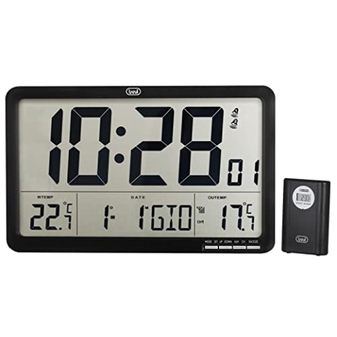 Trevi OM 3560 RC, Digitale Wanduhr, mit Gut Lesbarem LCD-Display, Wecker mit Programmierbarem Klingelton, Kalender, Thermometer, Funkgesteuert mit Externem Sensor, Schwarz