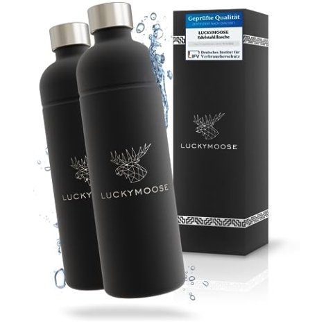 Luckymoose® Infinity Flasche 1,25L für Aarke Carbonator 3, Philips GoZero & Brita SodaOne Wassersprudler - Spülmaschinenfest, aus Edelstahl ohne Ablaufdatum (2x Schwarz) - Alternative Aarke Flasche