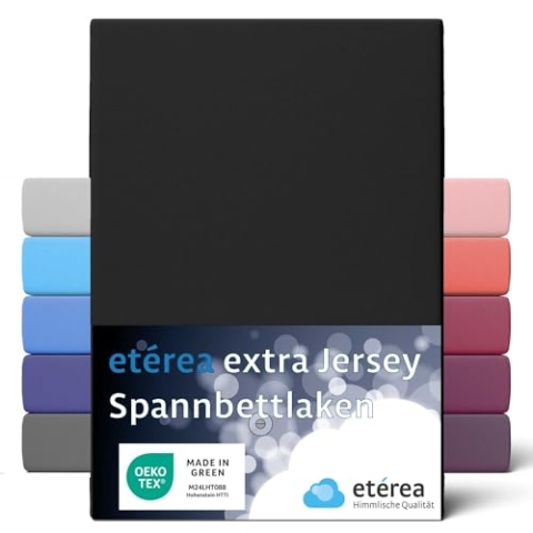 etérea Extra Jersey Spannbettlaken 240x220cm Schwarz bis 35 cm Höhe - 100% Baumwolle Spannbetttuch Oekotex - Bed Sheets Leintuch Bettbezug für Boxspringbetten Bettlaken 240x220 cm Black
