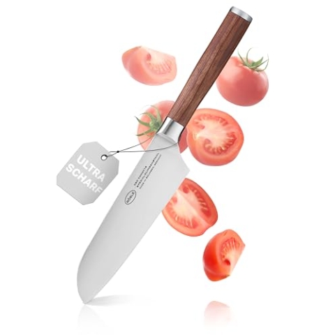 RÖSLE Santokumesser Masterclass 17 cm - Hochwertiges Küchenmesser zum feinen Schneiden von Fleisch, Fisch und Gemüse, Klingenstahl, ein scharfes Schneidemesser mit ergonomischem Griff aus Walnussholz