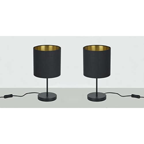 Trango 2er Pack 2018-10B Nachttischlampe *SOUL* Stoffschirm in Schwarz-Gold inkl. Kabelschalter & E27 Fassung Fenster Lampe, Nachttischleuchte, Schreibtischleuchte, Tischlampe ohne Leuchtmittel