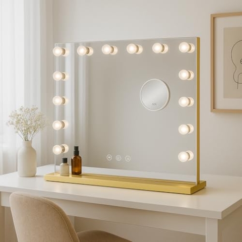 Bayt Hollywood Spiegel 58x46 cm mit LED Beleuchtung – Schminkspiegel Gold mit 15 dimmbaren Lampen, 3 Lichtmodi (warm, kalt, neutral), Touchscreen & 10x Vergrößerungsspiegel