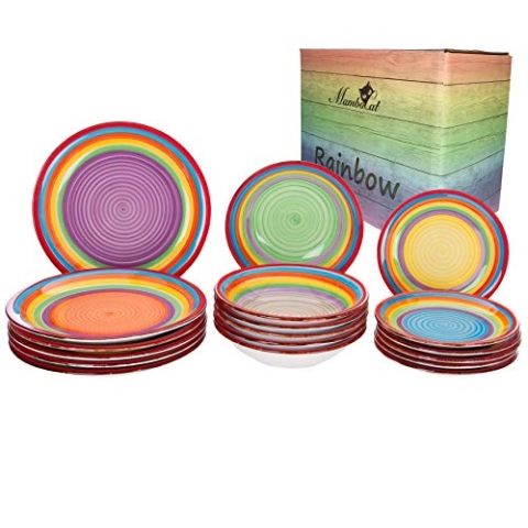 MamboCat 18tlg. Tellerset Ibiza Rainbow für 6 Pers. kunterbuntes Tafel-Geschirr Kuchen-Teller klein + Speiseteller flach + Suppenteller tief Regenbogenfarben