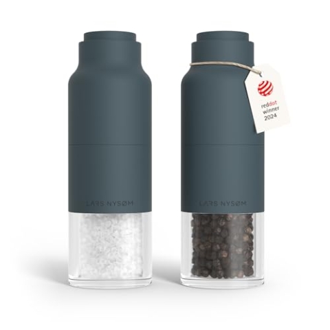 LARS NYSØM Salz und Pfeffermühlenset Edelstahl mit verstellbarem Mahlwerk I Flaschendesign Gewürzmühlen Set Manual (Stone Blue)