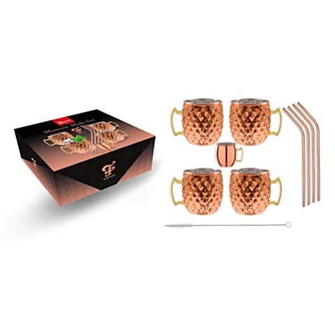 ich-zapfe 450 ml Diamond Moscow Mule Becher Set Kupfer 4er Set Kupferbecher, 4 Trinkhalme, 1 Mini Moscow Mule Jigger & Shot, 1 Reinigungsbürste für Strohhalme, um Gin Vodka Cocktails zu Genießen