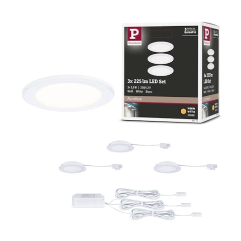 Paulmann 93115 LED Möbeleinbauleuchten 3er-Set 65mm 3x2,5W 3x180lm 230/12V 3000K Weiß