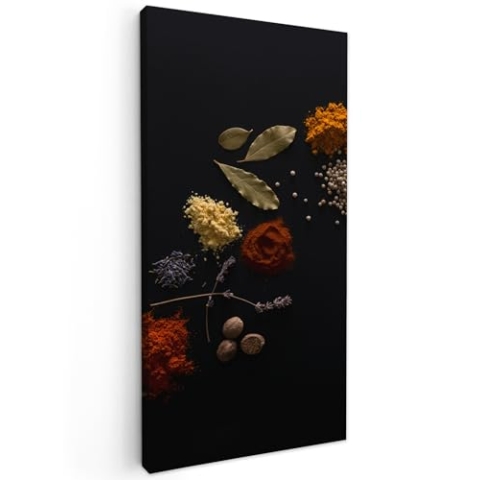 MuchoWow Leinwand Bilder, Einzigartige Wanddeko mit Rahmen, Kräuter - Schwarz - Gewürze - Küche - Kochen, Wandbilder Wohnzimmer, Deko Schlafzimmer 40x80 cm