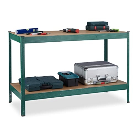 Relaxdays Werkbank, 600 kg, HxBxT: 91 x 141 x 61 cm, 2 verstellbare Ebenen, Werktisch, Stahl & MDF, Werkstattregal, grün