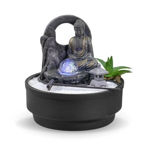 Zimmerbrunnen für den Garten, Zen, Wasserfall, Glas, buntes LED-Licht, Dekoration für entspannte Atmosphäre, Garten, Zen weißer Sand, Tischbrunnen, geschlossener Kreislauf, H21 cm – Sumana Zen'Light