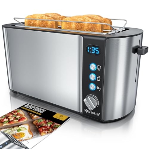 KESSER® Toaster mit Brötchenaufsatz, Langschlitz 4 Scheiben mit 6 Bräunungsstufen + Auftau- & Aufwärmefunktion, Abschaltautomatik, Liftfunktion, inkl. Krümelblech und Rezeptbuch Silber