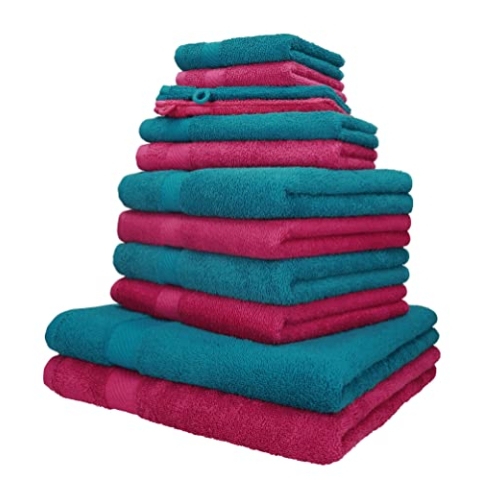 Betz 12-TLG. Handtuch-Set Palermo 100% Baumwolle 2 Liegetücher 4 Handtücher 2 Gästetücher 2 Seiftücher 2 Waschhandschuhe Farbe Cranberry und Petrol
