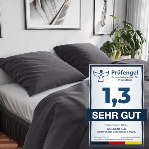Wolkenfeld Bettwäsche 155x220 Baumwolle Grau - Atmungsaktiv - 1x Bettbezug 155x220 + 1x Kissenbezug 80x80 - Anthrazit