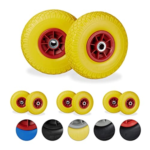 Relaxdays 8 x Sackkarrenrad, pannensichere Vollgummireifen, 3.00-4 Zoll, 20mm Achse, bis 80 kg, Ersatzrad 260 x 85 mm, gelb-rot