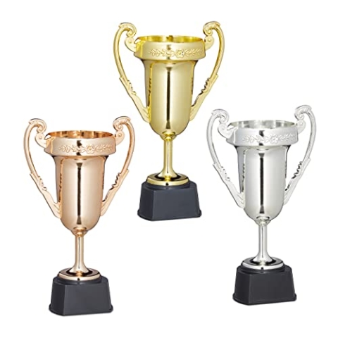 Relaxdays 12 x Pokal, Sport und Feste, Wanderpokal ohne Gravur, Kunststoff, Henkelpokal, HxBxT: 22,5 x 13,5 x 8,5 cm, Mehrfarbig