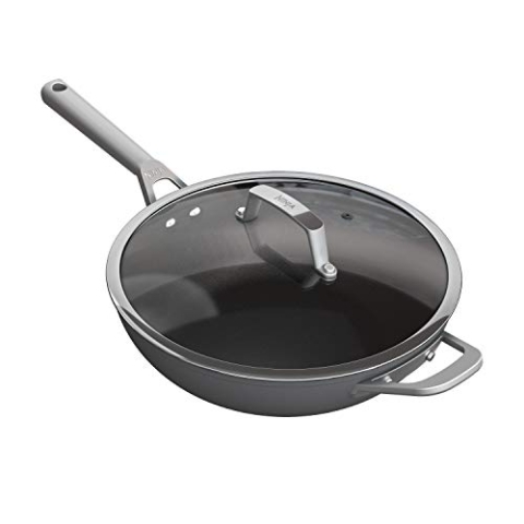 Ninja ZEROSTICK C30928UK Premium-Kochgeschirr, 28 cm, Wok mit Glasdeckel, langlebig, antihaftbeschichtet, harteloxiertes Aluminium, induktionsgeeignet, ofenfest bis 260 °C, Grau