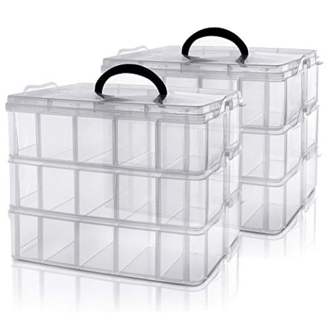 Kurtzy 3-stöckige Aufbewahrungsbox Plastik Transparent Stapelbar (2-er Pack) - Sortierkasten bis 30 Verstellbare Fächer zur Aufbewahrung von Nähzubehör, Bügelperlen, Schmuck, Kleinteile, Bastelkiste