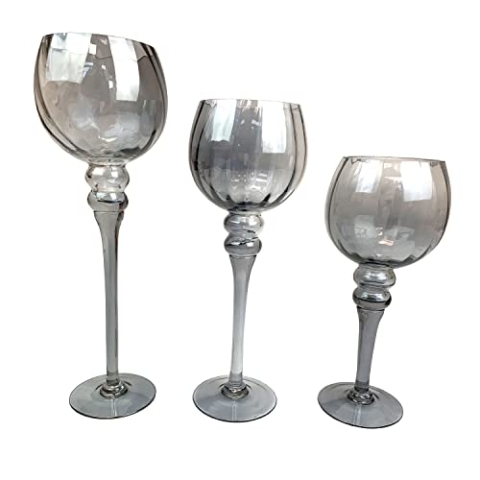 3tlg. Set Glaskelch Windlicht Kelche H40/35/30cm Grau Rillenoptik, Kerzenhalter Kerzenständer Teelichthalter