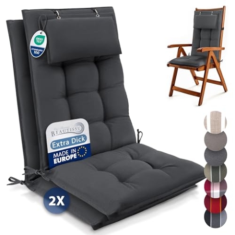 Beautissu 2er Set Premium Hochlehner Auflage mit Kopfpolster 120x50cm Sun-HL – 8cm Dick Polster Gartenstuhlauflage rutschfest Befestigungsbänder UV-Lichtechtheit 5 – Robust Stoff Uni Anthrazit