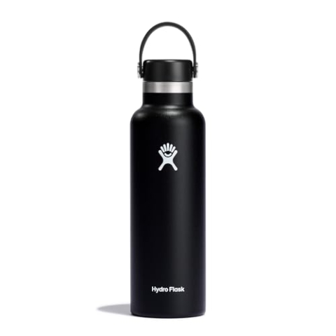 HYDRO FLASK - Trinkflasche 621ml (21oz) - Isolierte Wasserflasche aus Edelstahl - Sportflasche mit auslaufsicherem Flex Deckel & Gurt - Thermoflasche Spülmaschinenfest - Kleine Öffnung - Black
